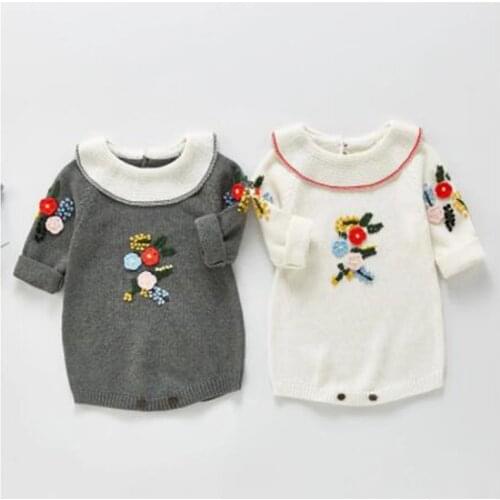 Autumn Cute Kids Baby Girl Printing Knit Clothes Rompers Spring Baby Girls Long Sleeve Embroider Rompers Jumpsuit Clothes
