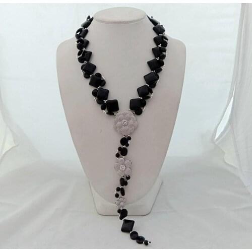 YYGEM 21" Natural Black Onyx Cz pave Gold Plated Flower Necklace