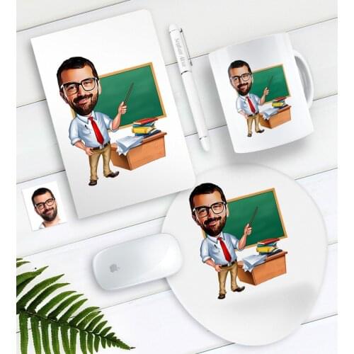 Personalized Mr Teacher Caricature Of Notebook Pen Mug Mouse Pad set