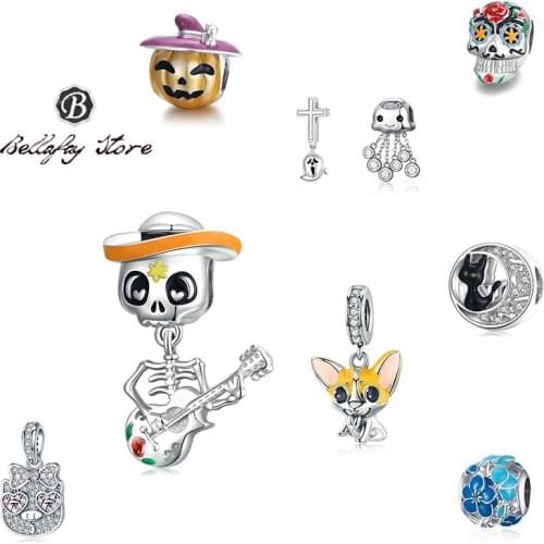 Bellafay Customed Real 925 Silver Skeleton Charm Ghost Beads Cat Fits Original Bracelet Bangles Girls DIY Jewelry Decoration