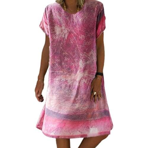 Loose Dress Women Casual O Neck Elegant Flower Printed Female Sundress Plus Size Short Sleeve Lady Dress Office женское платье