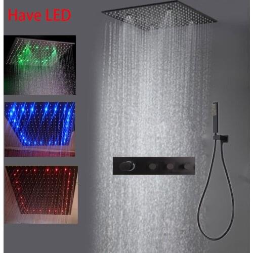 Thermostatic LED Bathroom Rain Shower Set Black Mixer Valve 3 Ways With Light Shower Head Ceiling Mounted SPA Misty 20" Faucets