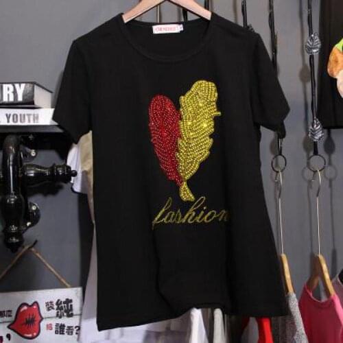 Zuolunouba Summer Tops Casual Lady 100% Cotton Tees Short Sleeve Feather Hot Diamond Harajuku Black T Shirt Women Plus Size