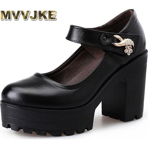 MVVJKE Womens spring and autumn shoes thick high heels fashion women genuine leather shoes Round Toe platform pumps E165