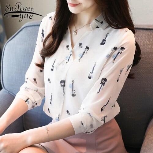 2021 New Casual Chiffon Women Tops Long Sleeve V-neck Slim Elegant Women Blouses Printed Women Clothing Loose Autumn 5997 50