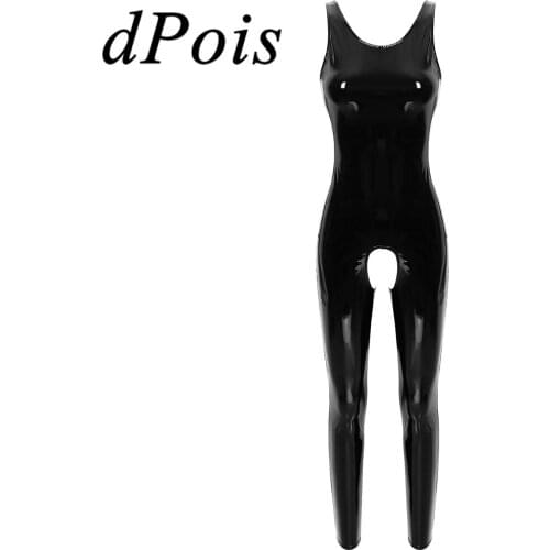 Womens One-piece Sexy Open Crotch Wet Look Patent Leather U Neck Sleeveless Crotchless Catsuit Leotard Romper Jumpsuit Clubwear