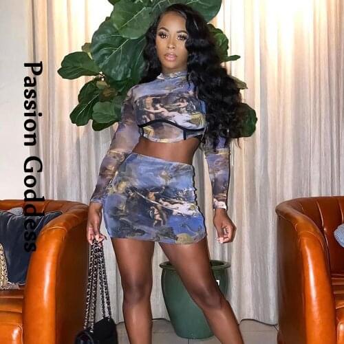 Women Art Oil Painting T Shirt Skirt 2 Piece Sets Long Sleeve Shirts High Waist Bodycon Mini Skirts Party Club Two Piece Outfits