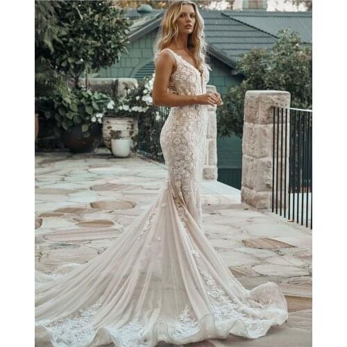 Sexy Mermaid Wedding Dresses Lace With Embroidery Elegant Strapless Puff Sleeve Bride Dresses Appliques With Plus Size Train