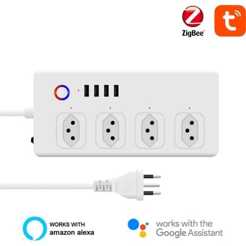 ZigBee Smart Power Strip Brazil Plug Smart Power Bar Multiple Outlet Extension Cord with 4 USB and 4 AC Plugs by Tuya