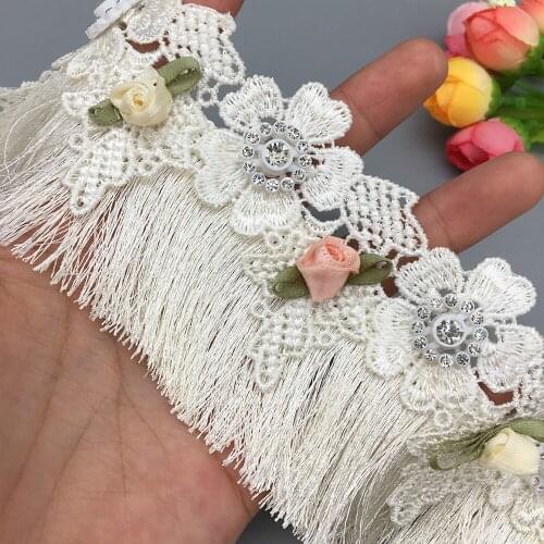 10X Diamond Rhinestones 3D Flower Apricot Fringe Tassel Lace Trim Ribbon Fabric Embroidered Sewing Craft Wedding Dress Decor