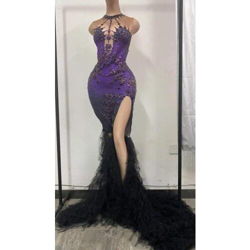 2021 Purple Rhinestone Mesh Train Dress Bar Birthday Celebrate Costume Prom Evening Women Dance Show Split Long Dress