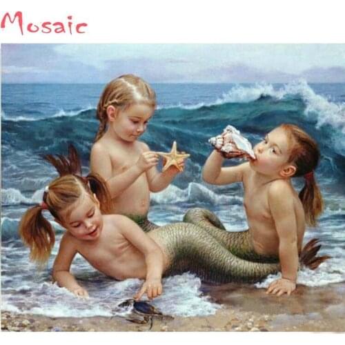 3D Diamond Cross Stitch 3 Child Mermaid Embroidery Round/square Full Diamond Resin Drill Animal Embroidery DIY Inlay Set