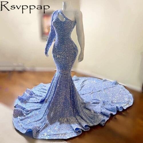 Sparkly Sequin Mermaid Prom Dresses 2021 African Style Designed Asymmetrical Neck With Single Sleeve Long Party Prom Dress