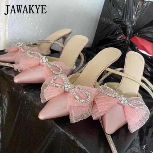 Pink Satin Bowknot Women Sandals High Heel Party Shoes Fairy Pointy Crystal Ankle Strap Runway Shoes Sexy Wedding Bride Shoes