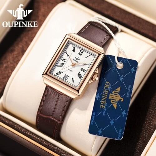 Swiss brand oupinke womens Square watch waterproof retro quartz Leather Watch bracelet set for women 18 kt gold best selling