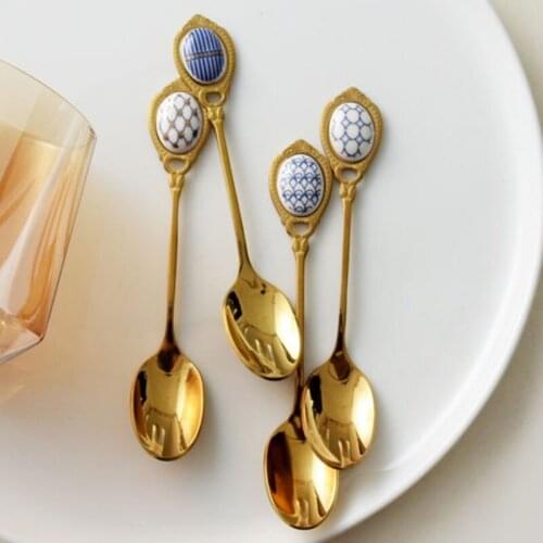 European-Style Palace Ceeamic Embossed Gold-Plated Coffee Stirring Spoon Mirror Polished Light Luxury Dessert Spoon