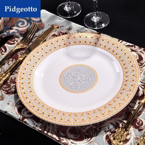 Porcelain flat plates bone china "H" mark mosaic design outline in gold round shape steak plate decoration wedding gifts