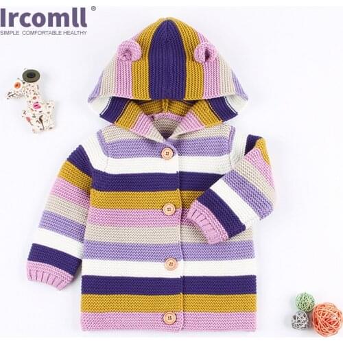 Ircomll Infant baby sweater knitted Jacket Rainbow Striped Sweater Cute Hooded baby girl Boy cardigan Kid Coat Tops for 9-24M