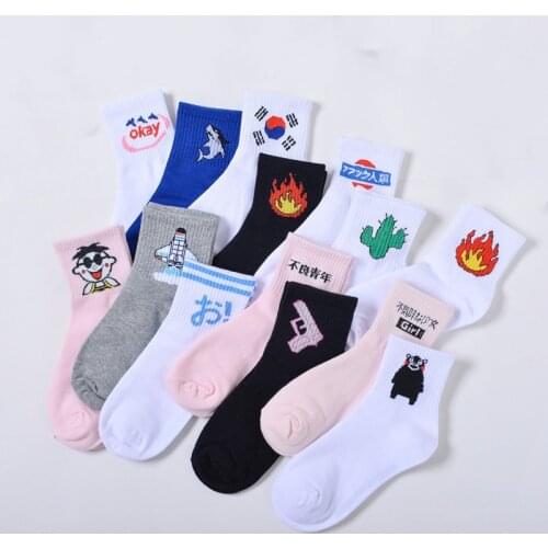 Summer Ladies Short Socks Korea Japanese Cotton Flame Harajuku Socks Girl Cartoon Cactus Gun Funny Female Socks