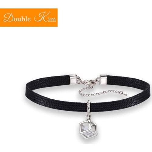 Personality Cube Zircon Choker Titanium Stainless Steel Leather Strap Zircon European USA Fashion Trendy Women Jewelry Gift