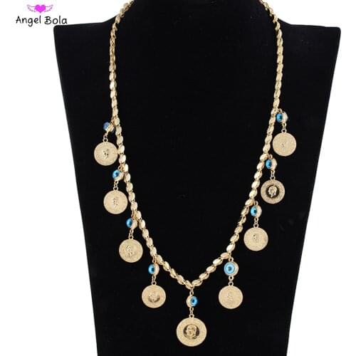 Islamic Muslim Demon Lucky Eye Turkey Gold Coin Lady Fashion Charm Allah Necklace Luxury Jewelry Wedding Holiday Gift Wholesale