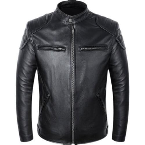 Genuine Leather Motorcycle Jacket Mens Casual Motorbike Racing 100% Natural Cowhide Stand Collar Winter Autumn Coat Asian Size