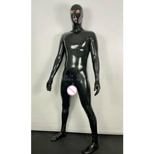 Male Full Cover Latex Catsuit With Hood, Gloves, Socks and Condom Bodysuits w Zipper from Back Hood to Back Waist