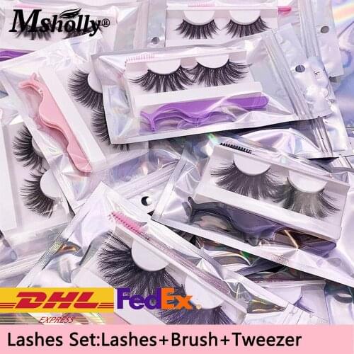 3D 25mm Mink Lashes Set Package Wholesale Fluffy Messy Natural Makeup Tools False Eyelashes With Tweezers Brush Zip Lock Bag