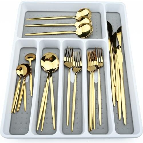 24Pcs Gold Dinnerware Set Mirror Knife Fork Spoon Cutlery Set Stainless Steel Tableware Set Luxury Plastic Cutlery Storage Box
