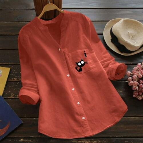 New Women Funny Cat Blouse Women Single Breasted Poplin Shirt Long Sleeve Stand Collar Office Lady Chemisier Tops 2021