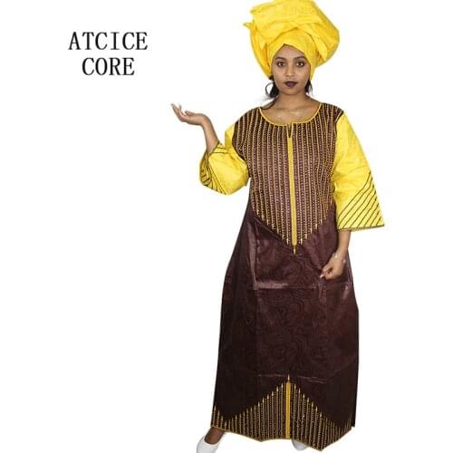 African dresses for women fashion design new african bazin embroidery design dress long dress with scarf two pcs one set A068