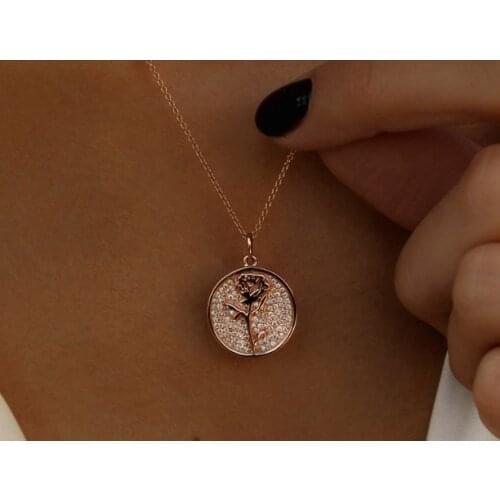 Micro pave cz disco charm geometric Coin pendant engraved moon Flower Gold color simple classic necklace