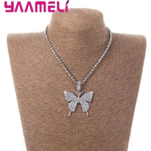 Full Rhinestone Cubic Zircon Tennis Necklace for Women Girls Luxury 925 Sterling Silver Betterfly Pendant Collar Jewellery