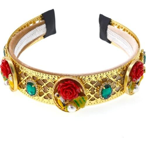 Red Rose Gold Hair Accessories Jewel Headband Crown Vintage Retro Hair Band Baroque Retro Luxury Flower Hair Band