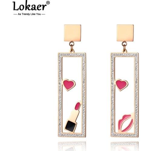 Lokaer Makeups Elements Jewelry Pink Lips & Lipstick With Rhinestone Case Rose Gold Color Stainless Steel Earrings E18452