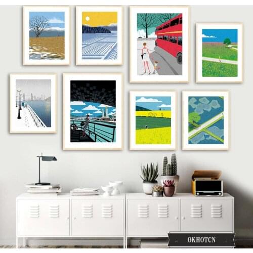 Snow Mountain Nature Scenery Poster Flower Field Woman Bus Road Canvas Painting Nordic Wall Art Pictures for Living Room Decor