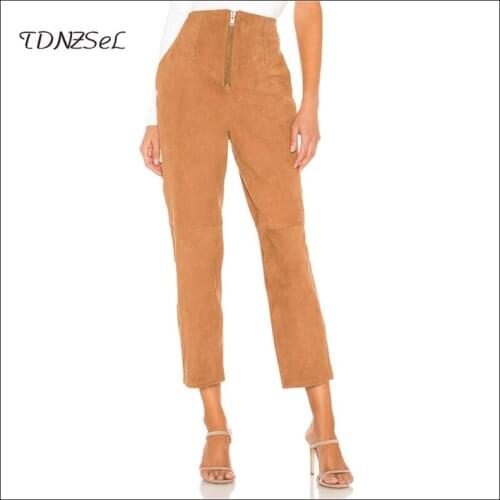 High Waist Suede Straight Leg Trousers Summer Women Casual Zipper Cropped Pants Autumn Slim Slimming Stretch Leggings New Custom