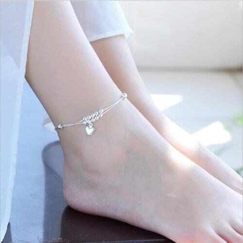 Charm Silver 925 Girls Anklets Jewelry Female Fashion Heart Ball Bracelet For Women Double Layer Bracelets Lady Birthday Gift