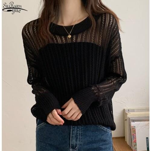 Women Chic New Autumn Korean Style Hollow Out Sunscreen Sweater Long-sleeved Women Retro Thin Loose Lady Tops White Blouse 15723