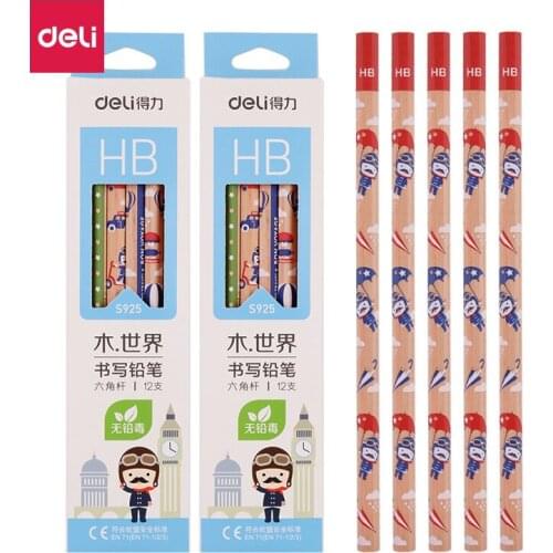 12pcs / box Deli S925 cartoon wood world hexagonal high-end graphite non toxic HB pencil, writing pen, student office stationery