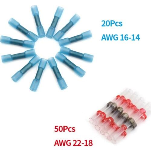 20Pcs Blue Waterproof Insulated Heat Shrink Butt Wire Connectors + 50Pcs 22-18AWG Red Tinned Copper Solder Seal Connectors