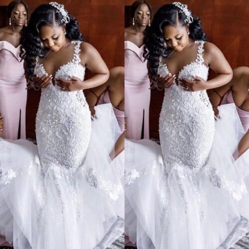 2020 Plus Size African Mermaid Wedding Dresses Spaghetti Strap Lace Appliques Tulle Beach Bridal Wedding Gowns robes de mariée