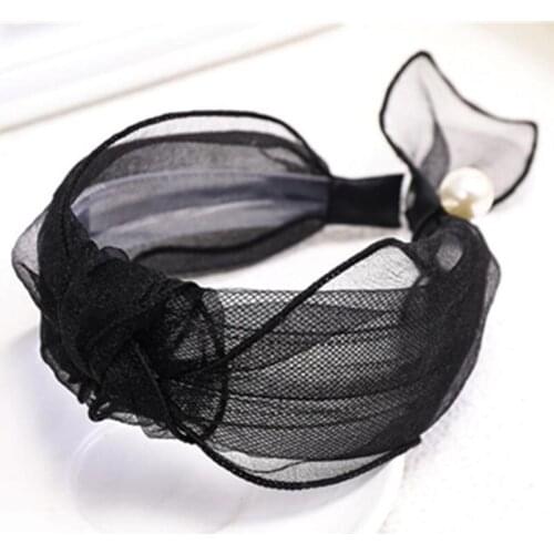 Black Mesh Pearl Headband Wide for Women Hair Accessories Solid Mesh Hairband Knot Korean Style Hair Hoop Adults Party Headband
