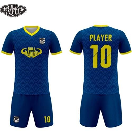 Soccer kit maker custom sublimation printing football jersey and pants blue geometry design polyester qucik dry soccer Jersey