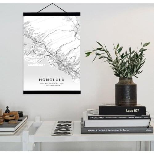 Honolulu, United States City Map Wooden Framed Canvas Painting Home Decor Wall Art Print Pictures Poster Hanger