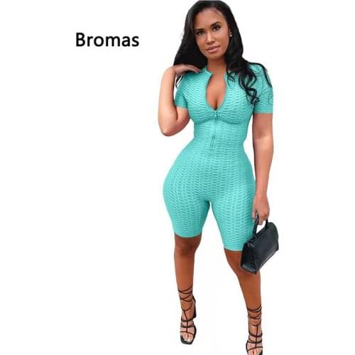 CAMELUU.K Summer Women Casual Solid Color Zipper Cardigan Short-Sleeved Tight Yoga Sports Shorts Jumpsuit