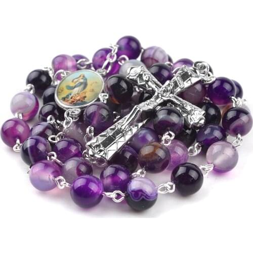 Fashion Immaculate Conception Center Dark Purple Stone Beads Catholic Virin Mary Saint Jude Rosary Cross Necklace