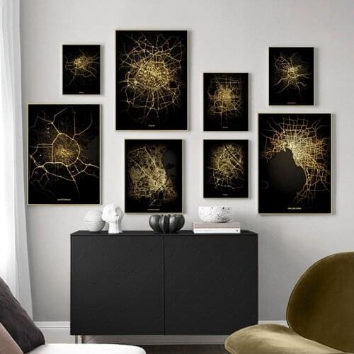 Gold Black World City Map Wall Art Canvas Painting Paris London Nordic Posters and Prints Wall Pictures for Living room Decor