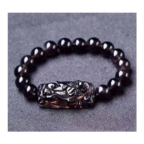 Natural 10MM Obsidian Crystal Icy Black Beads Bracelet Chinese Dragon Pixiu