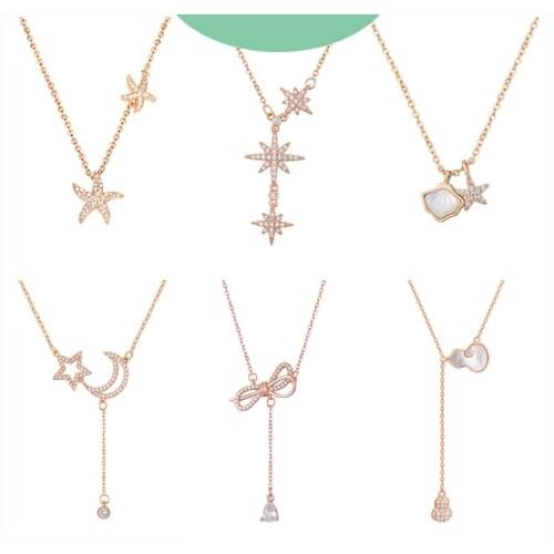 Hiyong 925 Silver Shell Necklace Crystal Pearl Pendant Necklaces Women Gold Color Beads Crescent Choker Necklaces Jewelry New